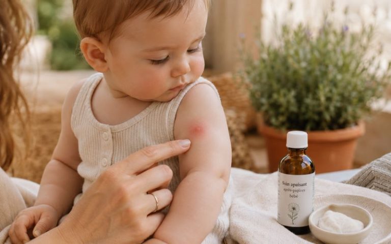 Piqure moustique bébé sur le bras d'un nourrisson examinée par sa maman avant l'application d'un soin apaisant dans une maison lumineuse.