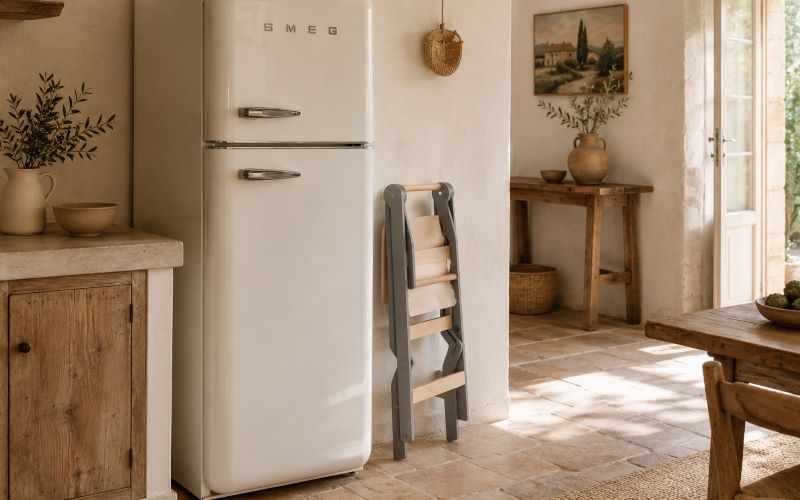 our d'observation pliable rangée contre un réfrigérateur SMEG dans une cuisine de style mas provençal