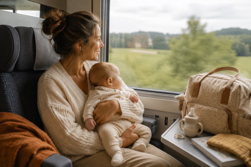 Voyager en train avec bébé : une maman tient son nourrisson dans ses bras près de la fenêtre d'un train, avec un sac à langer et les indispensables du voyage, dans une ambiance douce et lumineuse.