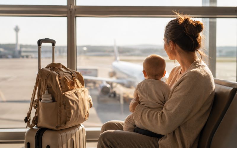Voyager avec un bébé en avion : une maman tient son nourrisson dans ses bras en attendant l'embarquement à l'aéroport, avec une valise cabine et un sac à langer, dans une ambiance lumineuse et chaleureuse.
