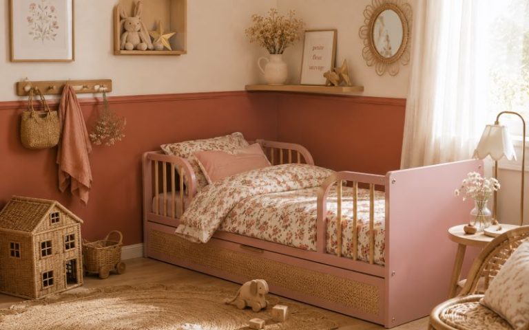 Quand changer le lit de bébé : chambre de petite fille au style bohème provençal avec un lit évolutif rose poudré, une parure fleurie et une décoration chaleureuse aux tons terracotta et beige.