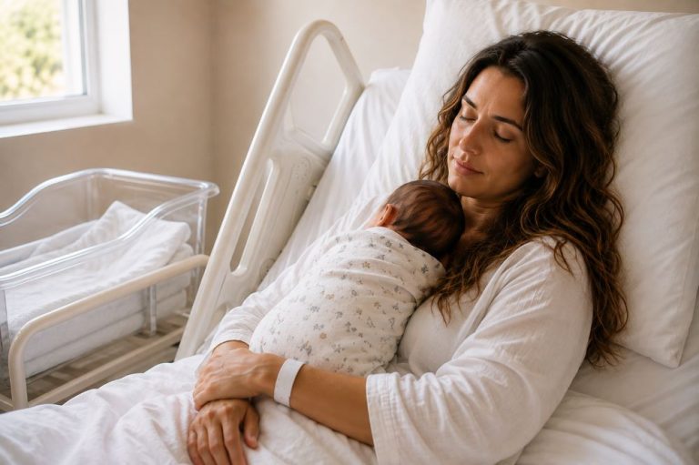 Nuit de Java à la maternité : une jeune maman se repose paisiblement dans son lit d'hôpital en pratiquant le peau à peau avec son nouveau-né, tandis que le berceau est installé à ses côtés dans une chambre lumineuse.