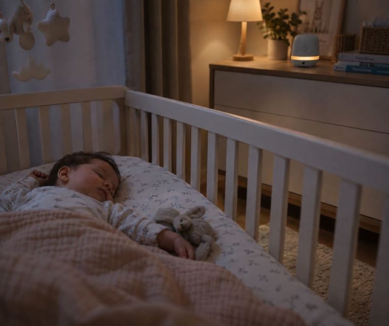 Bruit blanc bébé utilisé à distance du lit pour favoriser l'endormissement