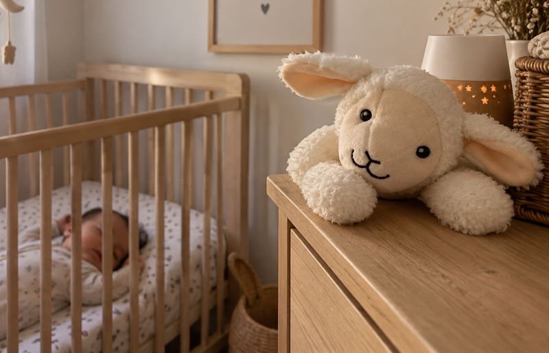 Doudou à bruit blanc bébé posé à distance du berceau