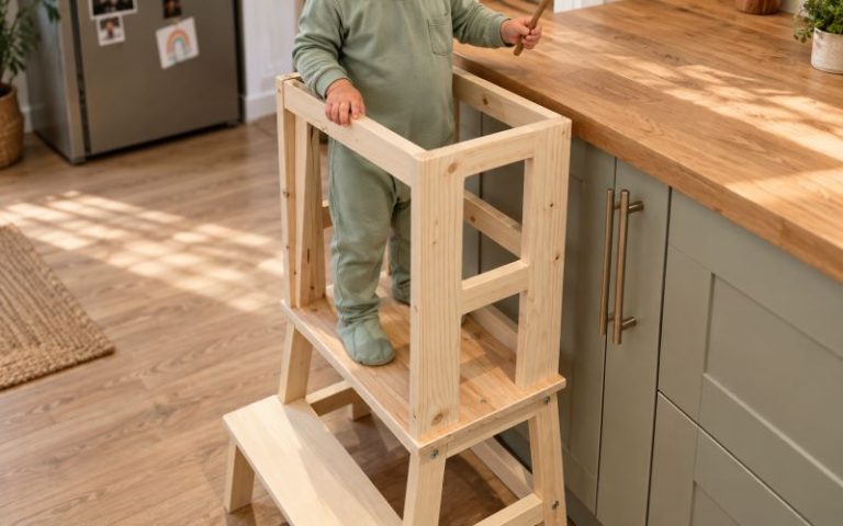 Fabriquer une tour d'observation : un enfant en pyjama vert sauge utilise une tour en bois DIY installée devant le plan de travail de la cuisine.